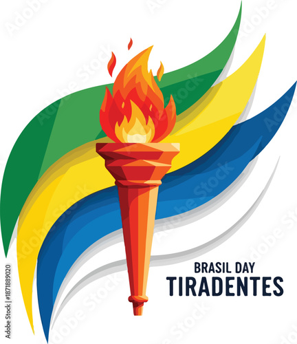 A digital illustration of a torch with flames, symbolizing Tiradentes Day in Brazil, set against a vibrant background of green, yellow, and blue wavy lines. Perfect for Brazil celebrations,