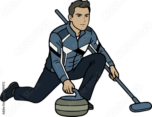 Male curling player delivering a stone on ice, flat vector illustration (isolated SVG)