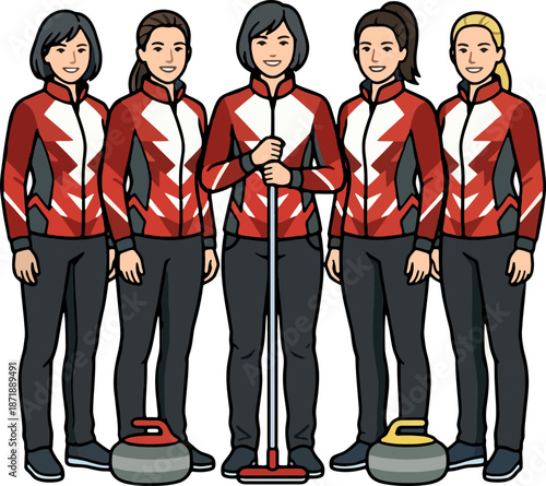 Female curling team group portrait of 5 players with reserve, flat vector (isolated SVG)