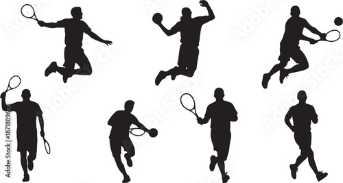Tennis player silhouettes in various dynamic poses action