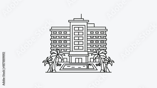 Modern Hotel Building with Palm Trees and Pool.