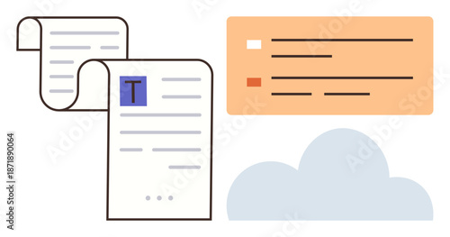 Cloud storage, document organization, online library, workflow tools, digital data, information sharing. Features papers, cloud and data tags. Cloud storage and document organization concept