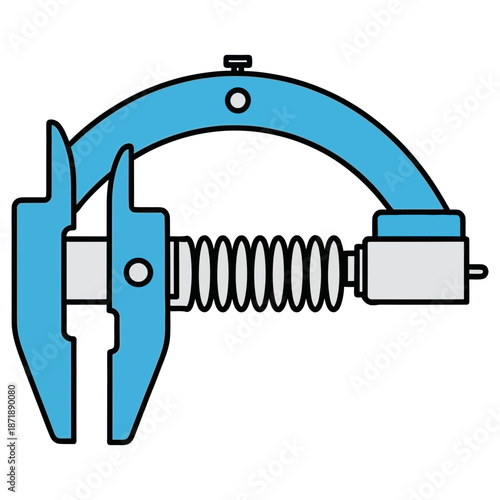 Simple illustration of a measuring caliper tool carefully gauging the length and thickness of a mechanical spring component on transparent background