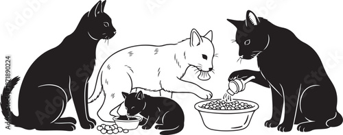 Cats eating from a bowl together peacefully