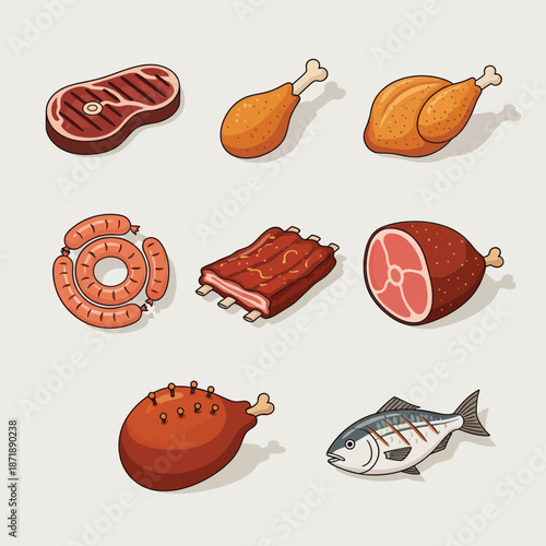 Assorted meat and fish isolated on white background, Vector, illustration