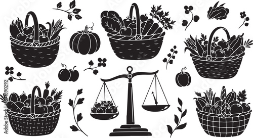 Harvest baskets and scale with vegetables and fruits
