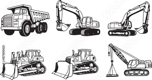 Heavy construction equipment illustrations in black and white