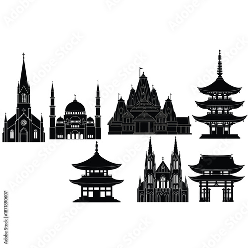Silhouettes of famous religious buildings isolated on white background, Vector, illustration