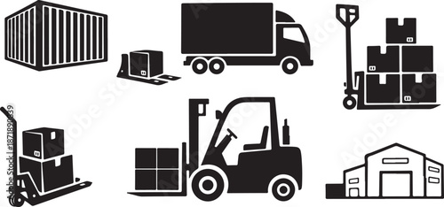 Logistics and transportation icons in black and white