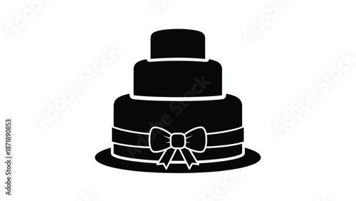 Black of a three tiered cake with a bow a white white with illustration and graphic and wedding and party Silhouette vector on whit Background
