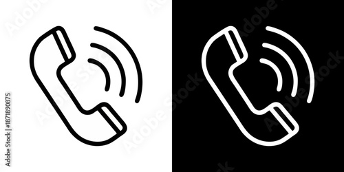 Retro telephone receiver icon with sound waves, communication symbol, two isolated icons on black and white backgrounds