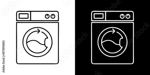 Line art illustration of a front-loading washing machine with a drum, presented in both black and white versions for design versatility