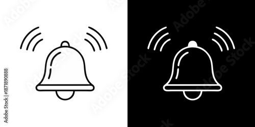 Simple vector illustration of a ringing bell, representing an alert or notification, presented in both black and white versions