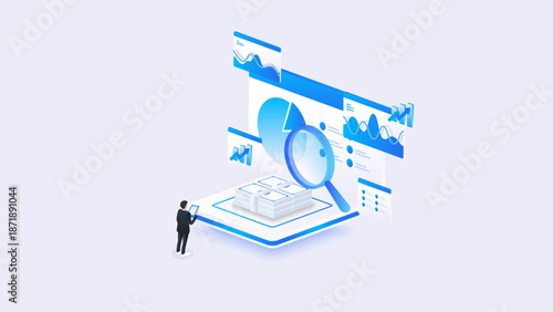Stock market isometric of financial dashboard data analysis with magnifying glass, businessman, money and stock market concept in blue digital style.