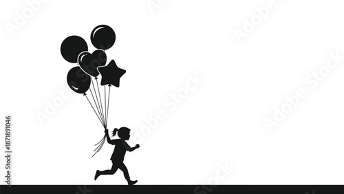 A of a little girl running with a bunch of colorful balloons in the air white white with illustration and graphic Silhouette vector on whit Background