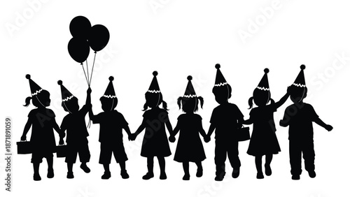 of children wearing party hats holding hands and balloons white white with kids and celebration and birthday Silhouette vector on whit Background