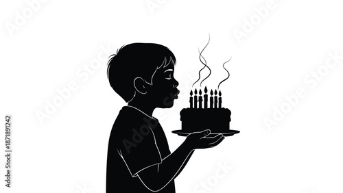 of a young boy holding a birthday cake with lit candles a plate white with celebration and party and wish Silhouette vector on whit Background