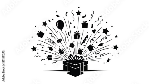 Black gift box explodes with confetti stars balloons and presents white white with explosion and celebration Silhouette vector on whit Background