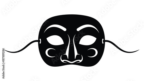 A black theatrical mask with eye holes and elastic ties a white white with black mask and theater and performance Silhouette vector on whit Background