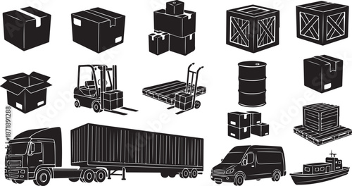Logistics and transportation icons in black and white