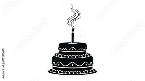 A black three tiered birthday cake with white decorations and a single extinguished candle top with smoke rising Silhouette vector on whit Background