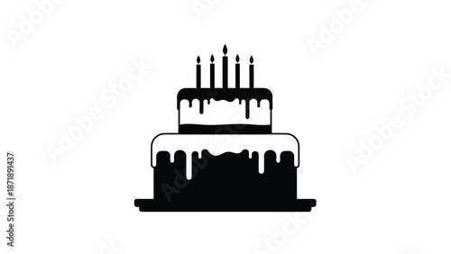 A black of a two tiered birthday cake with white icing and lit candles top against a white with two tiered cake Silhouette vector on whit Background
