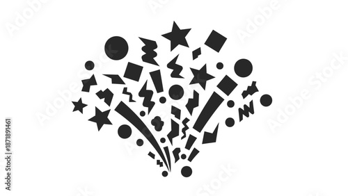 Black graphic illustration of various shapes and symbols exploding upwards white white with icon and design Silhouette vector on whit Background