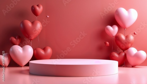 Empty pink podium with red heart balloons on a red background. Valentine display for product presentation. Romance and love concept.