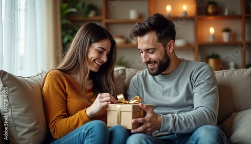 Woman opening gift box from man on couch. Romantic happy couple celebrating special occasion at home. Surprise and joy concept for holiday.