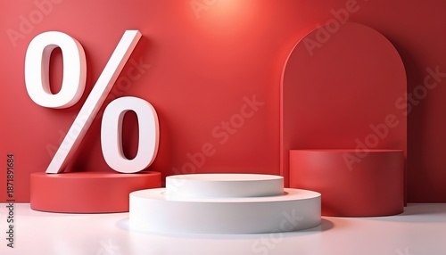 White zero percent symbol with red and white pedestal display for product promotion. Discount sale announcement template for retail offers.