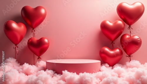 Red heart balloons and fluffy pink clouds surrounding a podium. Romantic display for product presentation or Valentines Day. Love theme.