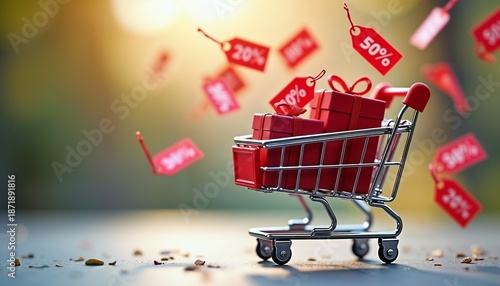 Shopping cart with gift box. Sale tags for discount. Celebration concept for shopping, Birthday, Valentine Day, Christmas, New Year.
