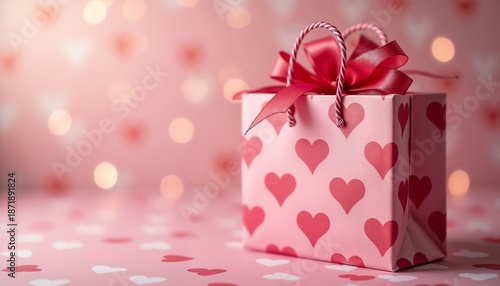 Pink shopping bag with hearts and red bow for special gift. Concept of love, passion, and romance. Valentine’s Day, Mother’s Day, birthday present.