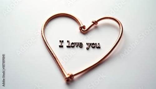 Copper wire heart shape with I love you text for Valentines day, anniversary or romantic concept