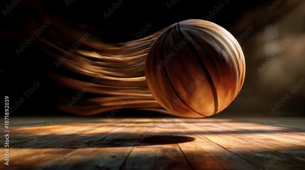 Fototapeta premium Basketball in motion with blurred background on wooden court 