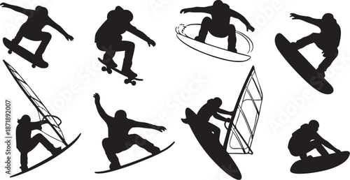 Silhouettes of people doing various water sports activities
