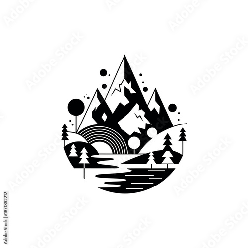 Serene mountain landscape with trees and lake at sunrise or sunset illustration