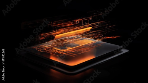 A transparent screen displaying a 3D holographic circuit design.