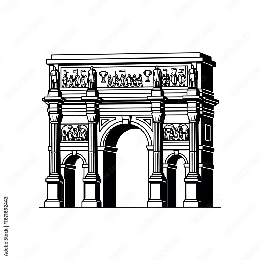 Fototapeta premium Ancient Arch Monument with Ornate Car Page Illustrations Front View