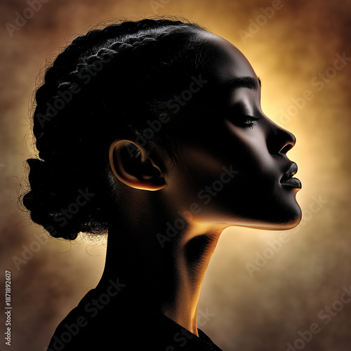 Young black woman with braided hair in profile silhouette lighting  