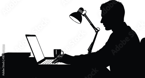 Silhouette of a dedicated professional working intently on a laptop late into the night illuminated by a focused desk lamp creating a stark contrast