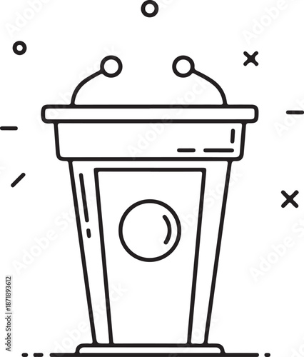 Black and white illustration of a podium with a microphone and symbols around it