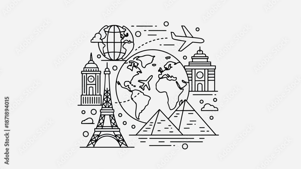 Fototapeta premium World Travel and Famous Landmarks Illustration.