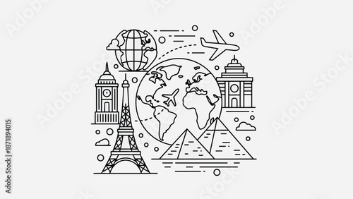 World Travel and Famous Landmarks Illustration.