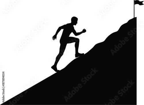 Silhouette of an athlete powerfully running uphill toward a triumphant flag marking the highest point of a steep mountain slope