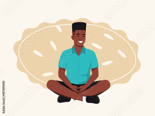 Happy Black Man Sitting Cross-legged Smiling in Meditation Pose, Vector Illustration for Wellness and Lifestyle Content