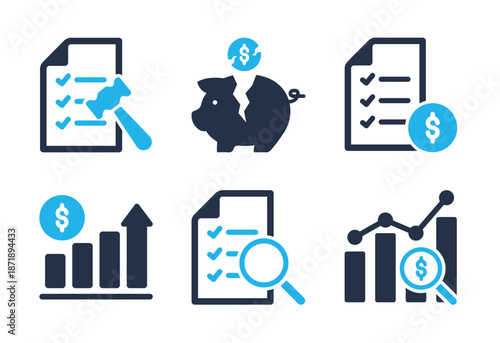 Financial and Legal Analysis icon set. Solid glyph series icons