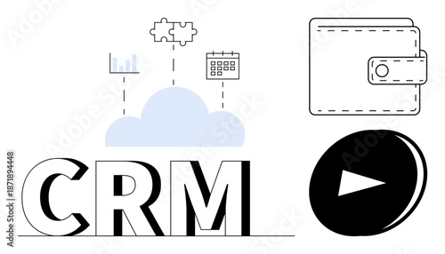 Business management, cloud technology, financial tools, automation, marketing strategies, digital operations. CRM text with cloud, data chart puzzle calendar icons. Business management and cloud