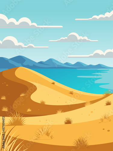 Serene desert dunes meeting tranquil ocean waters in a vibrant vector illustration