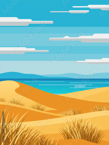 Stylized vector illustration of a serene desert landscape with rolling sand dunes meeting a tranquil blue body of water under a cloudy sky, digital art